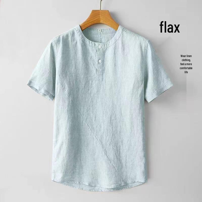 

2026 Men s Cotton Linen Short Sleeve Stand Collar Casual Shirt M 45-55 kg светло-зеленый