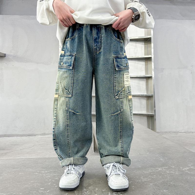 Jeans Cargo a Gamba Dritta Rilassati per Ragazzi Adolescenti Pantaloni in Denim Larghi con Tasche Pantaloni Casual per Bambini