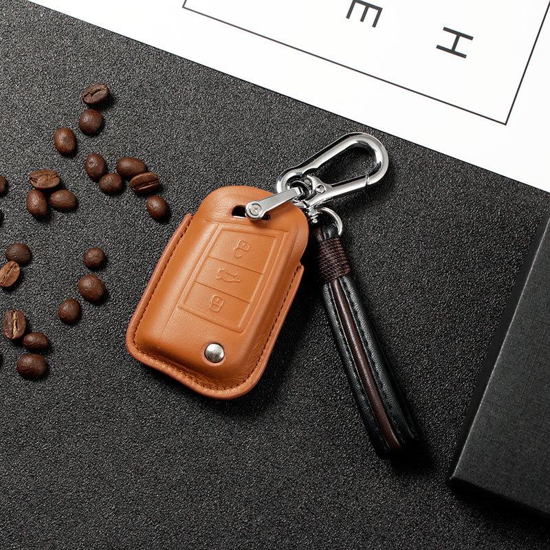 Genuine Leather Key Case for Volkswagen Sagitar, Lavida, Tiguan L, Lamando, Bora - 3D Full Wrap & One-Button Start.