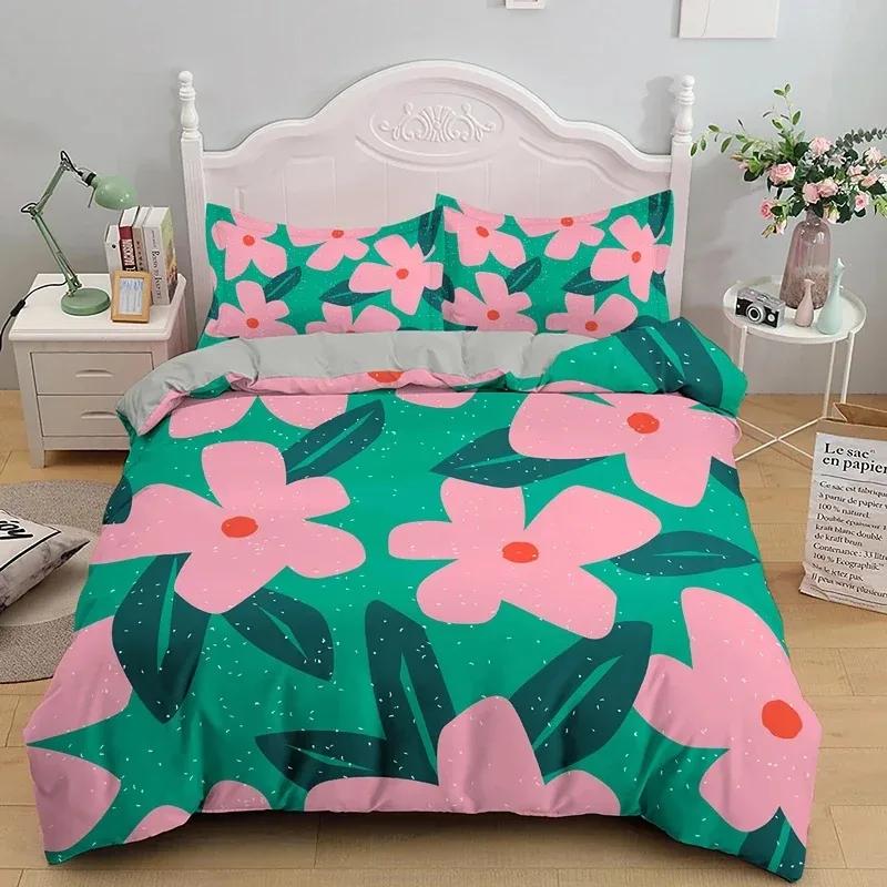 Blühende Blumen King Queen Bettbezug Rote Granatapfelblüte Bettwäscheset für Frauen Lieblich Floral 2/3-teilig Polyester Steppdeckenbezug