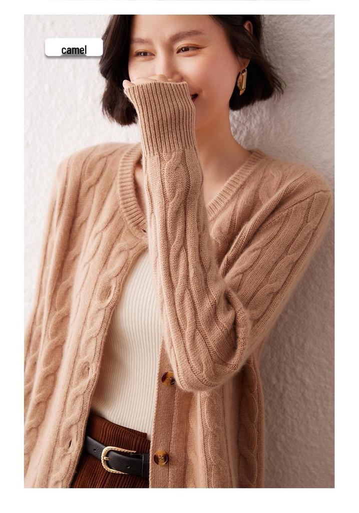 Women's Thick Cable Knit Cashmere Cardigan - Autumn/Winter Round Neck Loose Knitwear Jacket