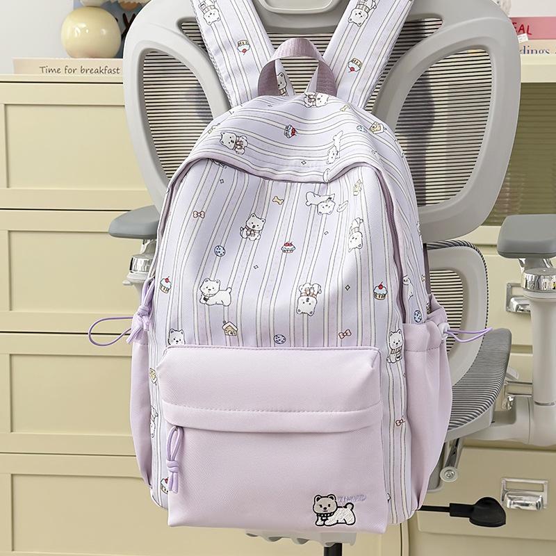 Schoolbag Female Japanese Small Fresh Sweet Printed Bear Striped Backpack Junior High School Student Lightweight Large Capacity Backpack