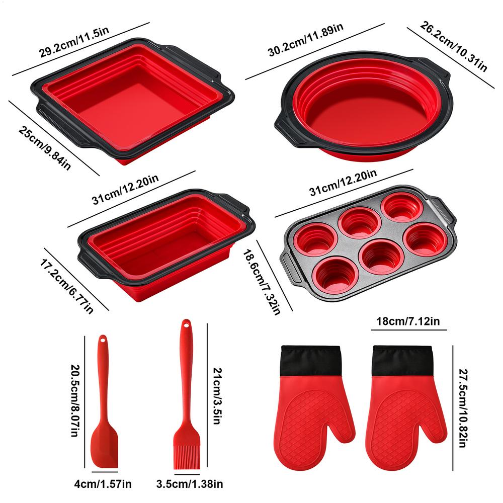 Silicone Bakeware Sets For Oven Flexible Stackable Mold With Mitts Scraper And Brush Silicone Baking Pans Set Dishwasher Safe