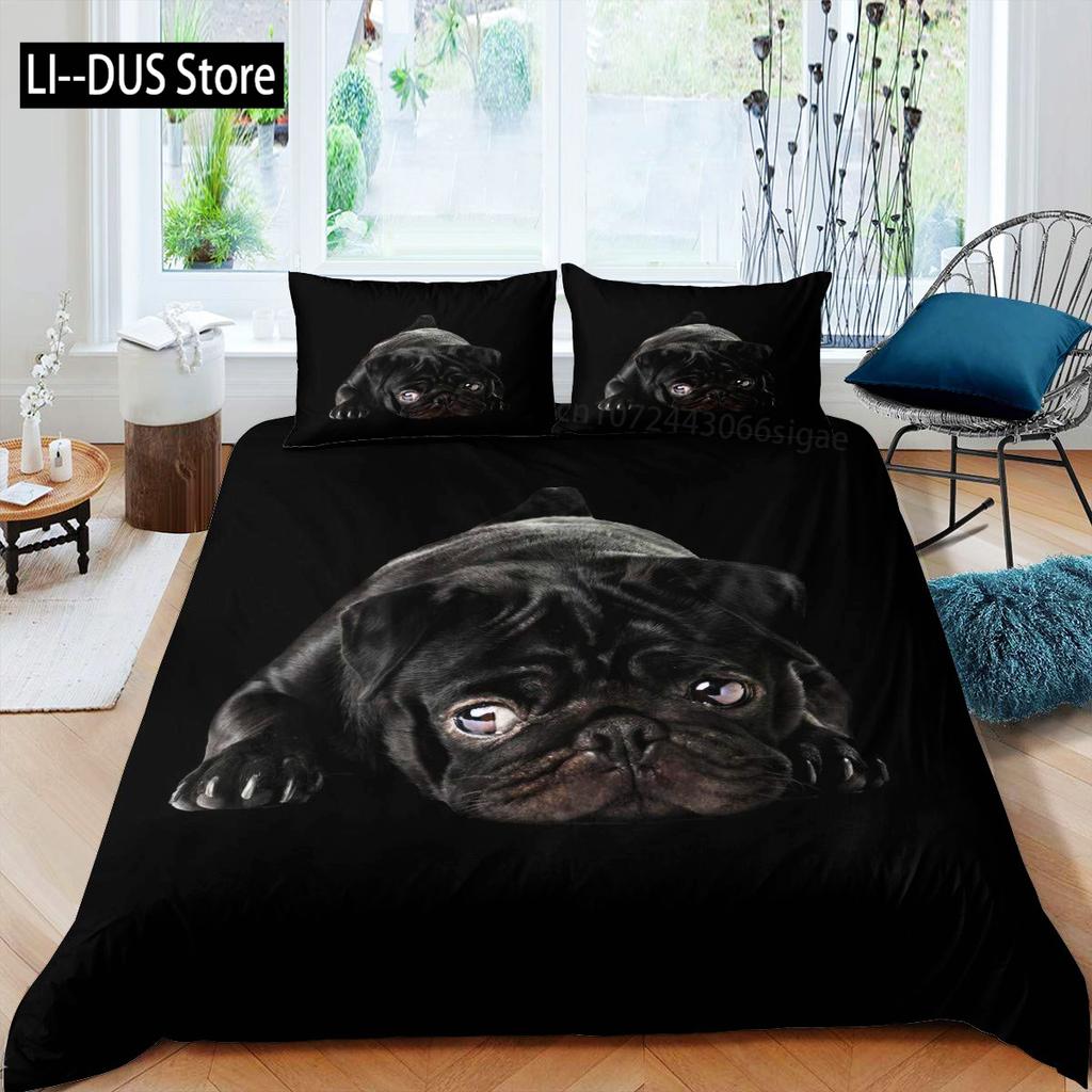Pug Duvet Cover Set Puppy Lying Around Pet Decorative 3 Piece Bedding Set with 2 Pillow Shams Queen Size Pale Brown Black
