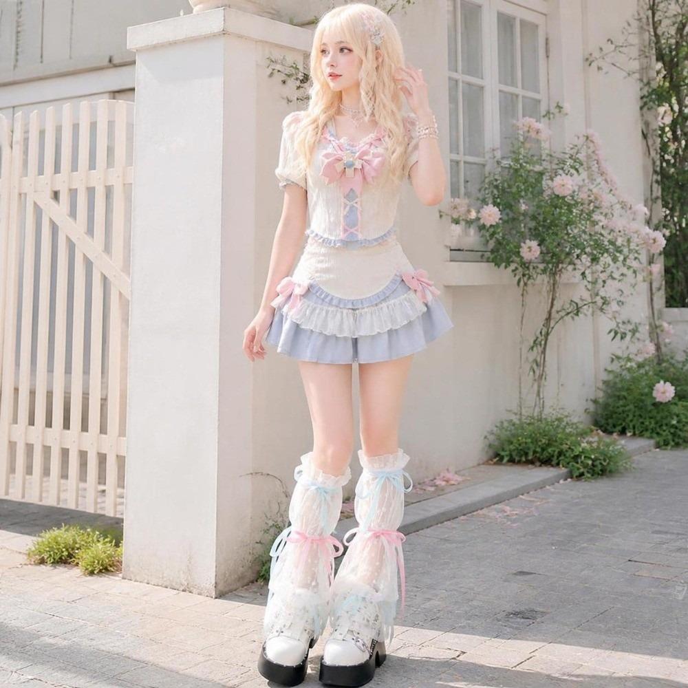 Mesh Fabric Calf Covers Double Ribbon Bow Knee High Socks Retro Leg Warmers  Japanese Fashion