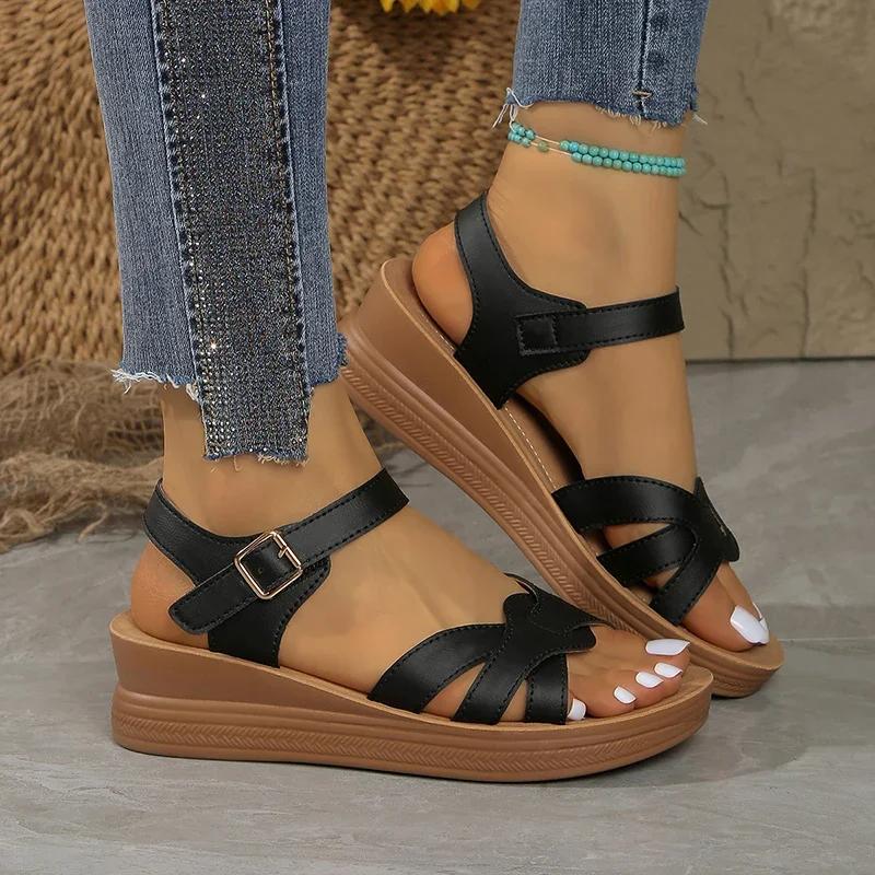 Fashion Women's Sandals Fashion Cross Strap Open Toe Sandals Women Shoes New Buckle Med Heel Wedge Sandals Female Summer Non-Slip Shoes