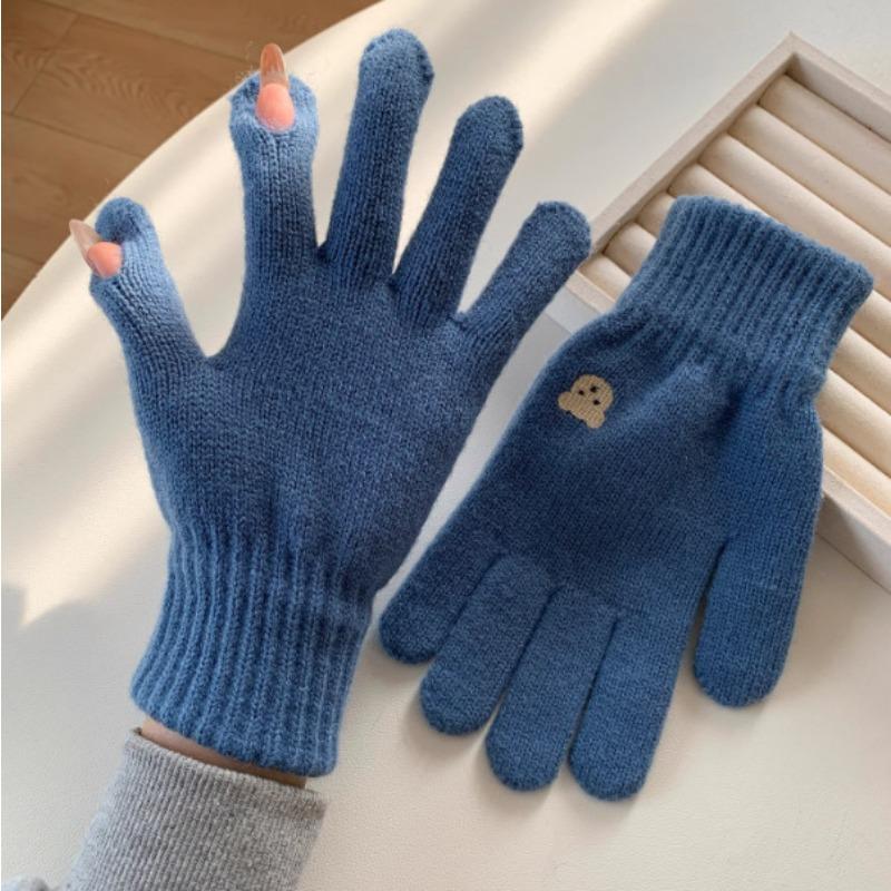 Korean Cute Bear Embroidered Wool Gloves for Women Autumn and Winter Knitted Touch Screen Student Warm Cycling Gloves Windproof