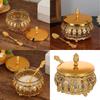 European Kitchen Essential Hollow Out Iron Glass Sugar Bowl With Scooping Spoon and Lid Condiment Spices Jar Decoration