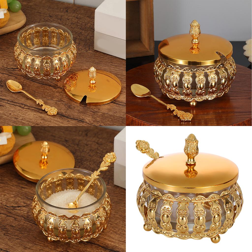 Decorative Hollow Out Iron Sugar Bowl With Clear Glass Canister and Spoon Multiuse Spices Jar For Storing Dry Ingredient