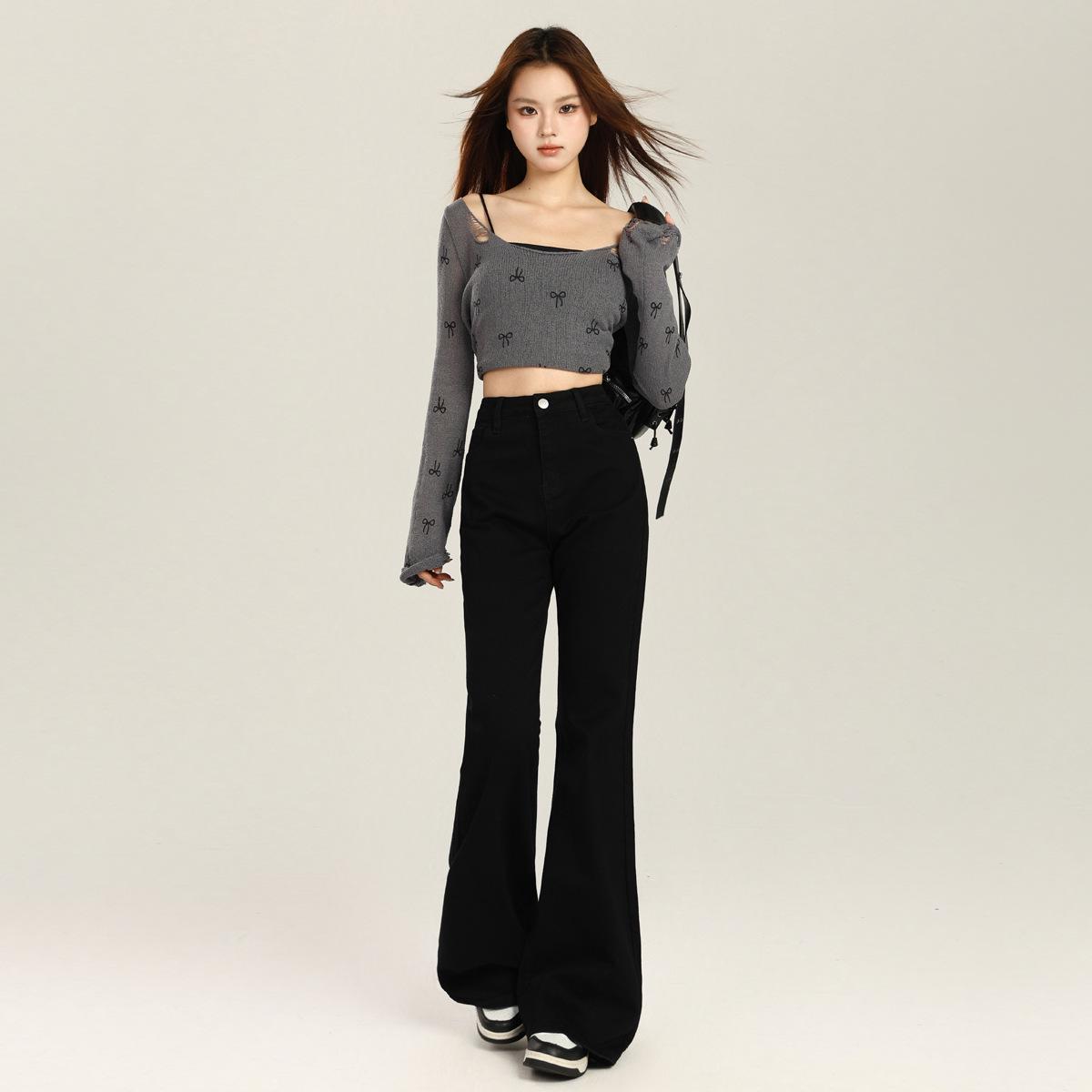 Women s Black Micro-Flare High-Waisted Elastic Trumpet Jeans - Spring 2026 Collection Extra Small