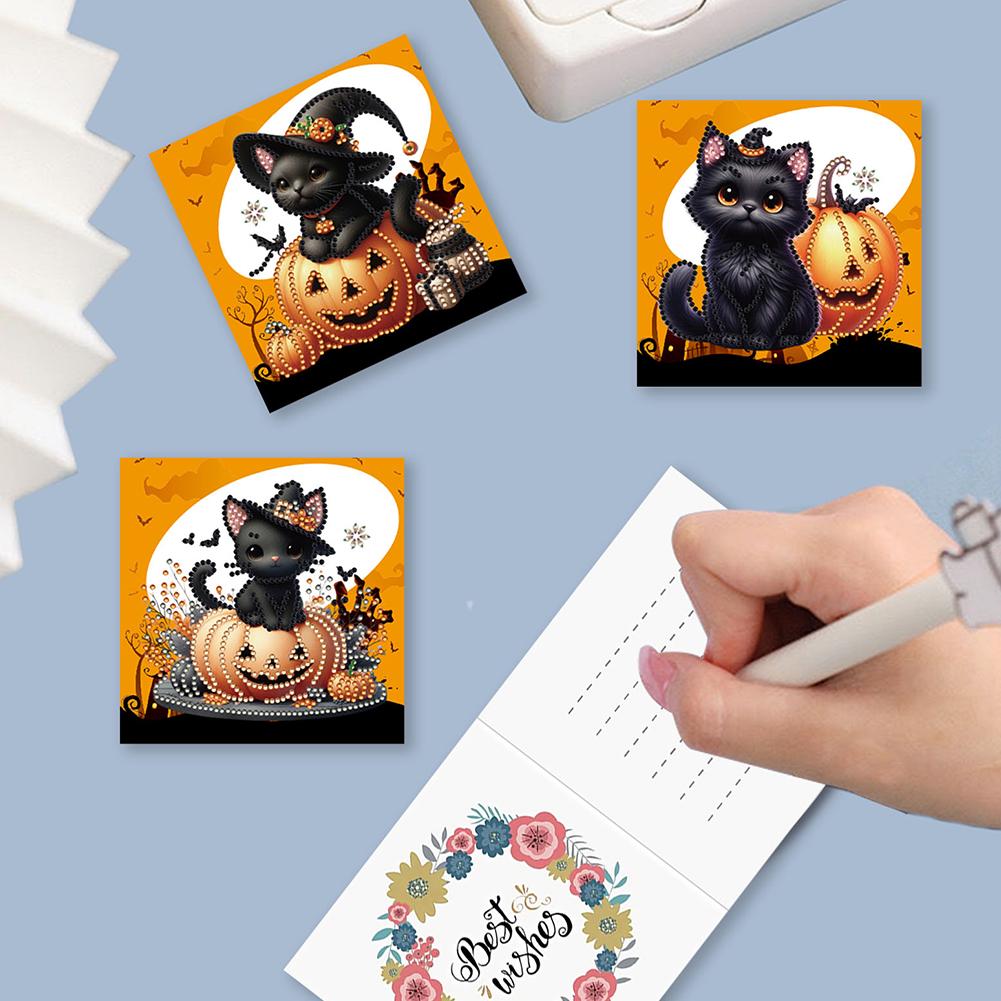6Pcs Special Shape Halloween Pumpkin Gnome Diamond Handmade Card Rhinestone Painting Card Kit for Adults Holiday Friends Family