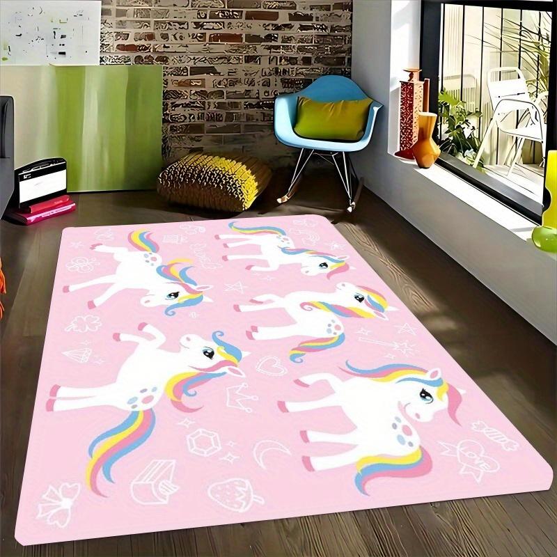 Flannel Printed Unicorn Rug Pink White Rainbow Pattern Kids Room Decor Soft Floor Mat For Girls Bedroom Playroom And Gaming Area