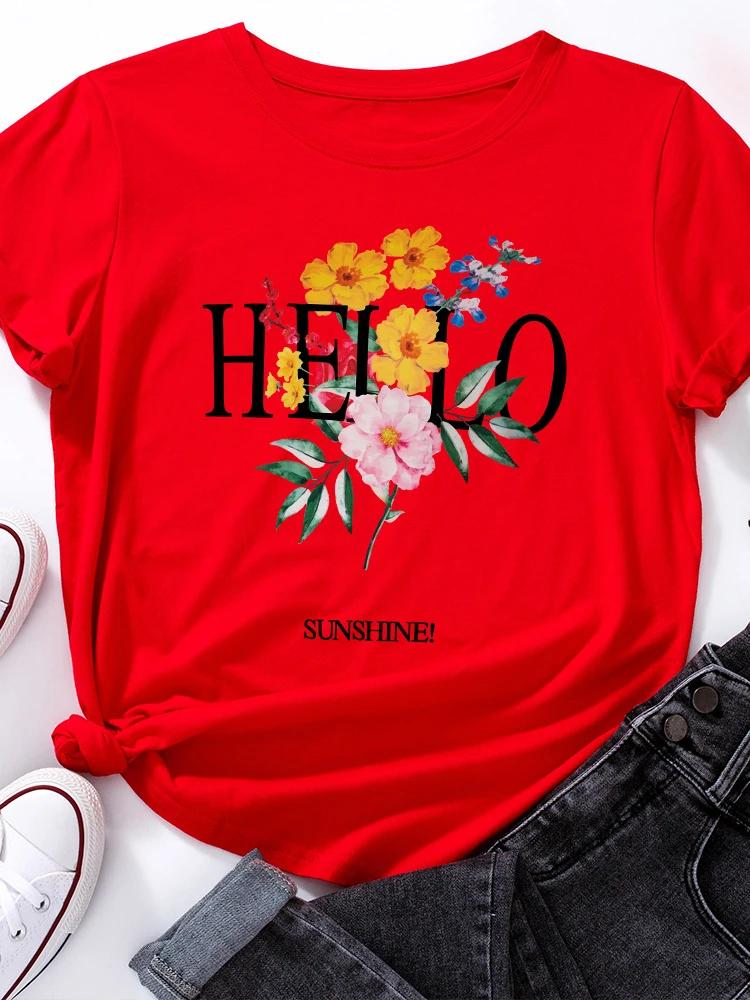 Hello Sunshine Flower Print Women T Shirt Short Sleeve O Neck Loose Women Tshirt Ladies Tee Shirt Tops Clothes Camisetas Mujer