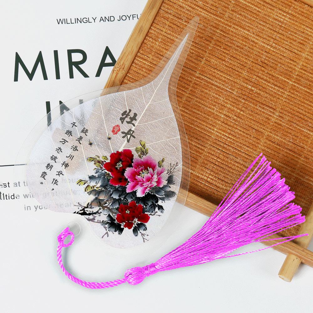 Chinese Bodhi Leaf Bookmark: Floral Ink Wash Style with Peach Blossom, Peony, and Lotus