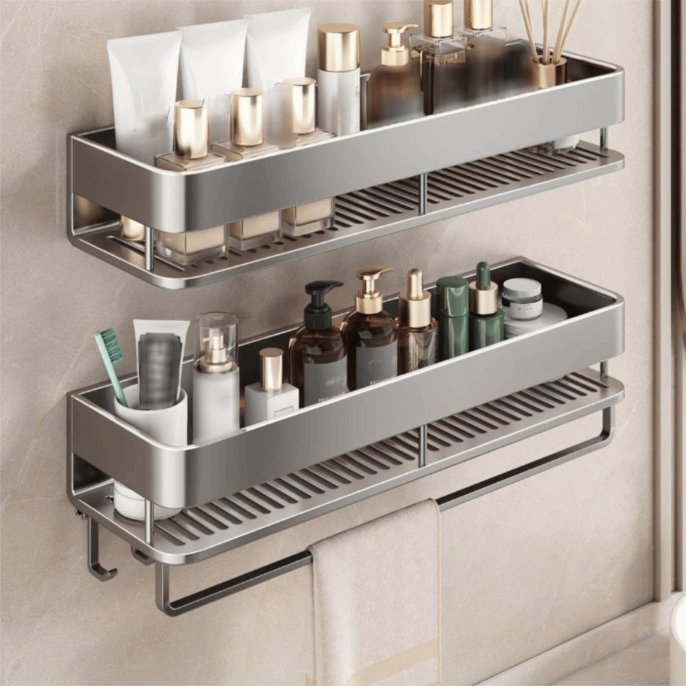 Wall-Mounted Bathroom Storage Rack Punch Free Aluminum Alloy Bathroom Shelf with Hook and Rod Ventilated Bathroom Organizer