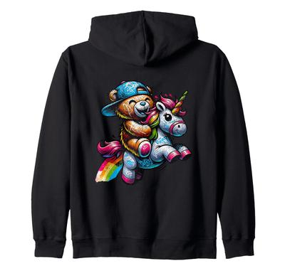 Grunge Graffiti Teddybär Einhorn Niedlich Plüsch Zip-Hoodie