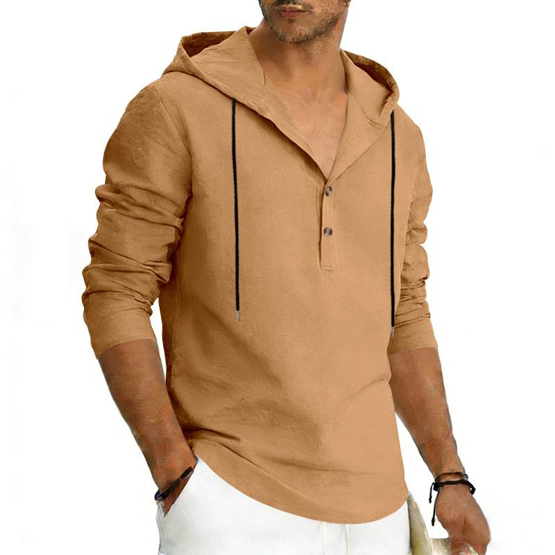 Men's Plus Size Linen Long Sleeve Hoodie, Casual Color Pullover