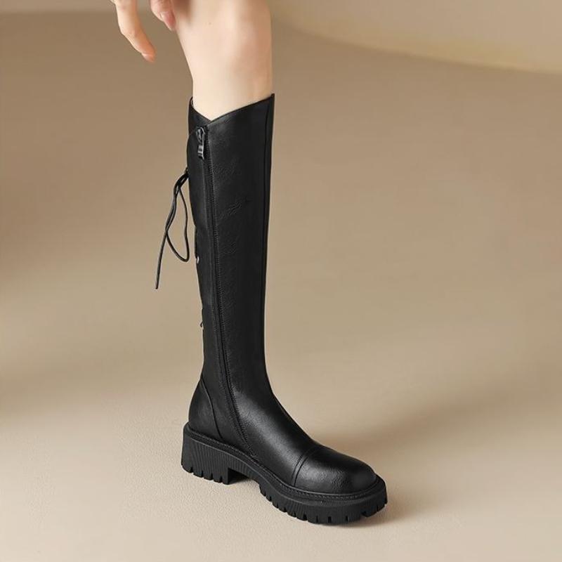 

Осенне-зимние кожаные ботинки на платформе с флисовой подкладкой, с круглым носком, высокие до колена, на шнуровке, женские, тренд 2025, в стиле гяру 40