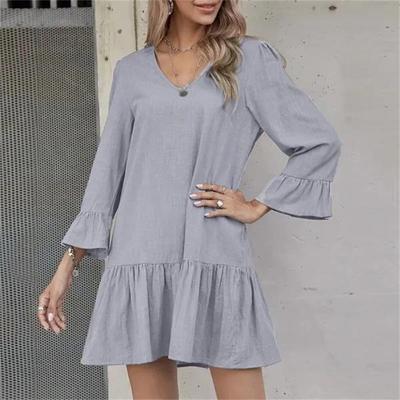 Vestido de Verano para Mujer de Cuello Suelto Color Sólido Plisado de Campana Manga Media Algodón Lino