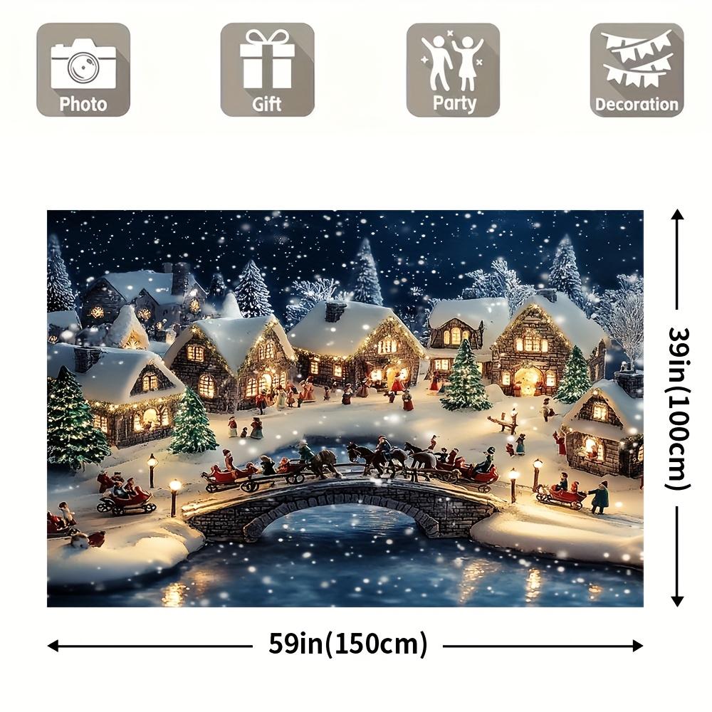 One huge winter village Christmas banner - Snowy night scene, glowing houses, sleds and snowmen - Christmas background cloth