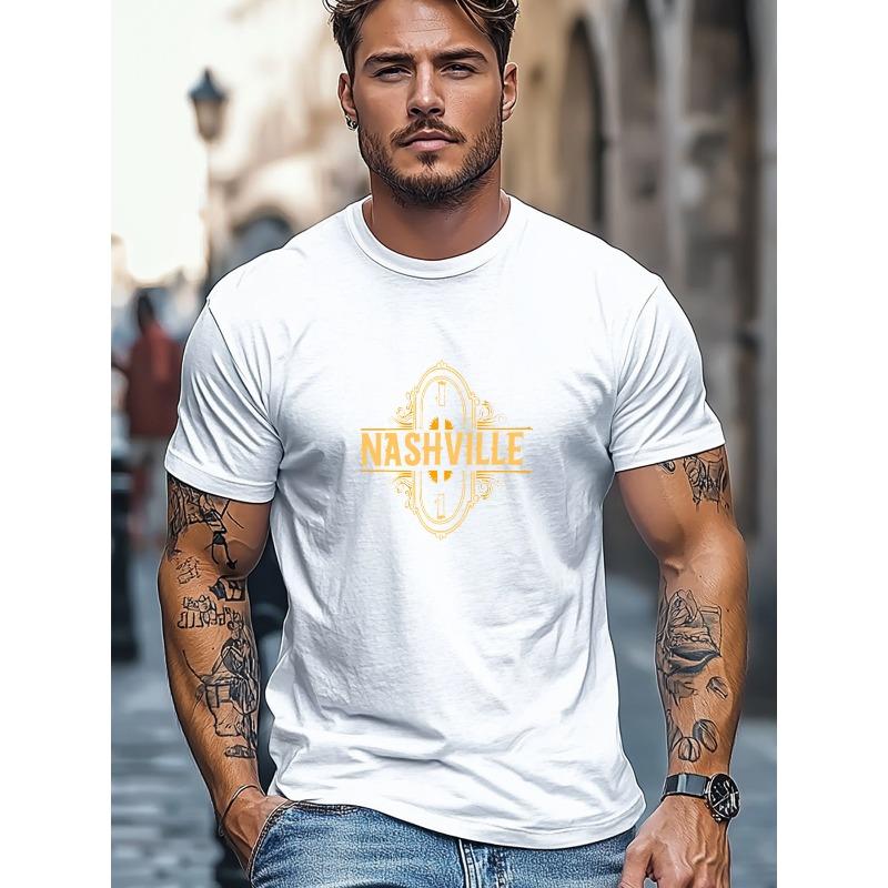 Herren-T-Shirt in Übergröße, Locker und Lässig, Einfach und Schlicht, Mit einem Nashville-Design für die Sommerfreizeit, Mit kurzem Rundhalsausschnitt, Übergröße