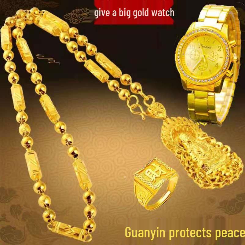 Unique Vietnam-Inspired Gold Necklace & Non-Fading Gold Watch Set for Men