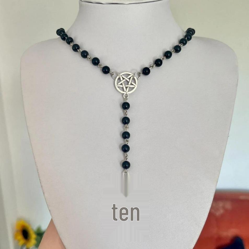 Shi Yong Gothic Cross  Star Black Rosary Necklace