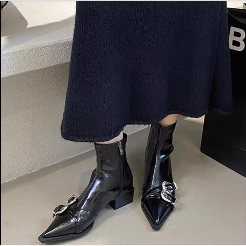 Fashion Chunky Heel Women Solid Boots Pointed Toe Side Zipper Autumn  Boots Belt Buckle Mid Calf Fashion Casual 2025 Newest Boots