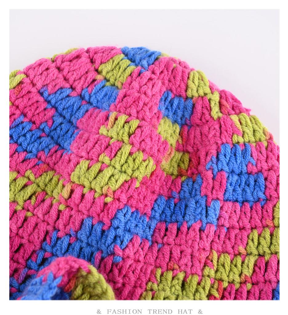 Dopamine Rainbow Color Matching Pleated Lotus Leaf Lace Knitted Bucket Hat Women'S Autumn And Winter Handmade Crochet Wool Hat