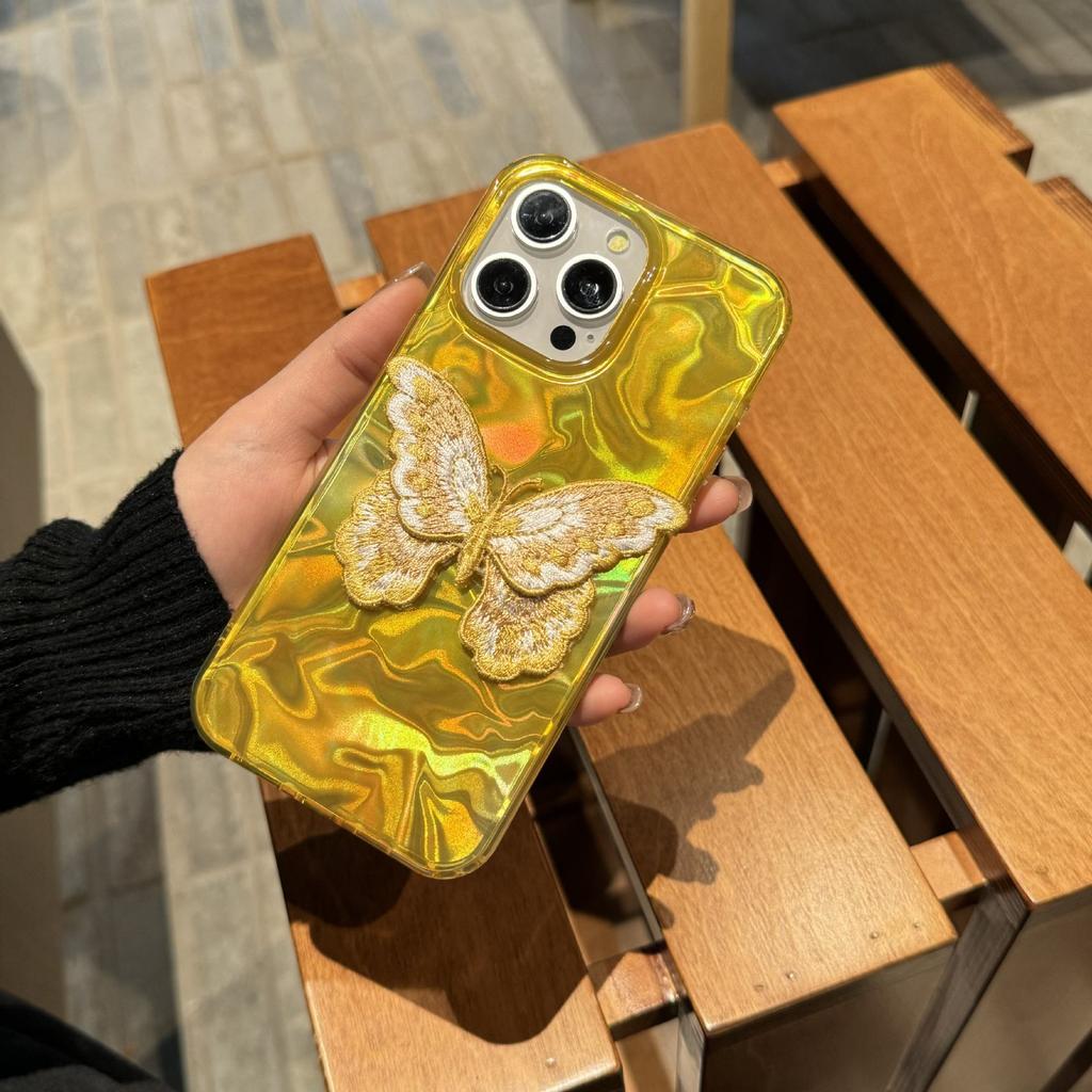 iPhone 14/13 ProMax Laser Fantasy Golden Butterfly Water Ripple Case for Cross-Border Use.