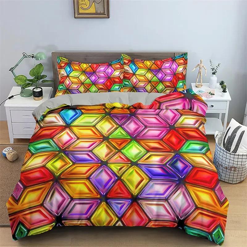 Abstract Geometric Rainbow Plaid Comfortable Duvet Quilt Cover Pillowcase Bedding Set Children Bedroom Decoration Home Textile