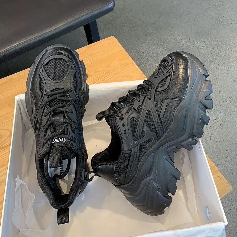 Spring New Fashionable Pure Leather Strap Thick Soled Sports Shoes With Height Increasing Casual Shoes Platform Sneakers