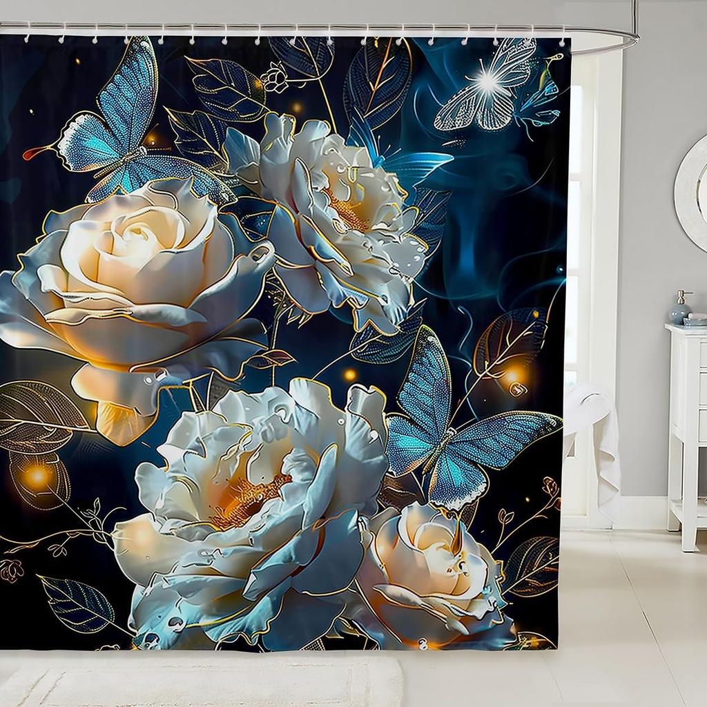 Zen Stones Bath Curtain with Hooks,White Vase Blue Flowers Aesthetic Waterproof Shower Curtain,Japanese Floral Simple Bathroom