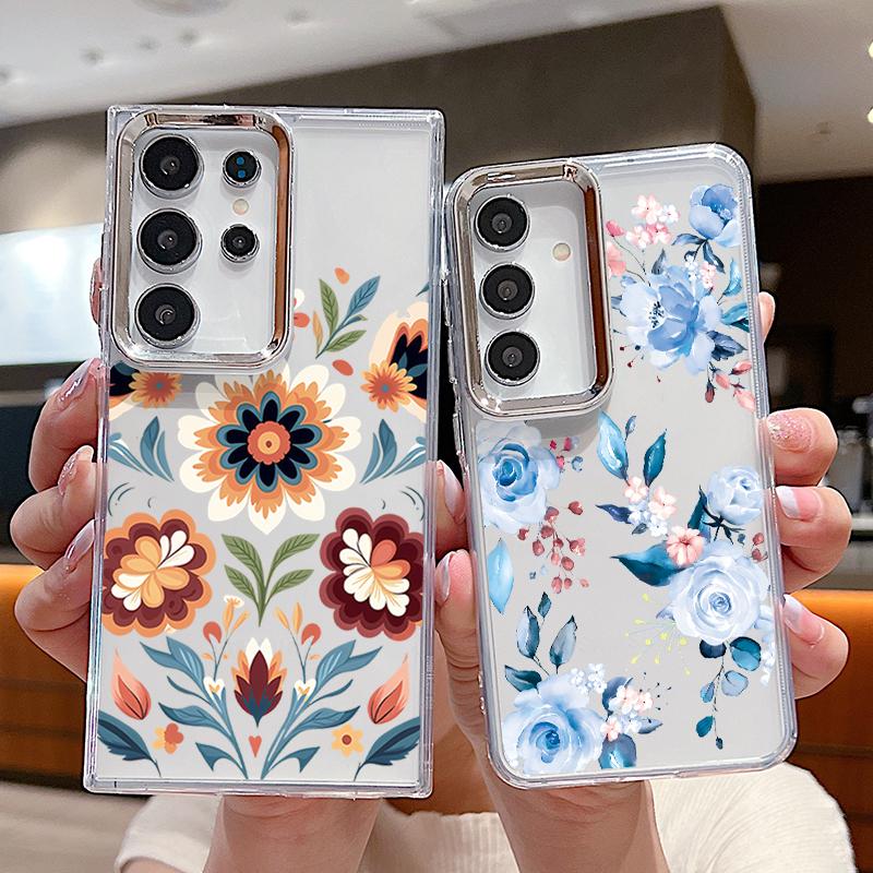 Cartoon Flowers Pattern Case For Samsung S26 S25 Ultra S24 FE S23 Plus S22 S21 A15 A16 A17 A35 A36 A37 A54 A55 A56 A57 5G Plating Lens Soft Cover