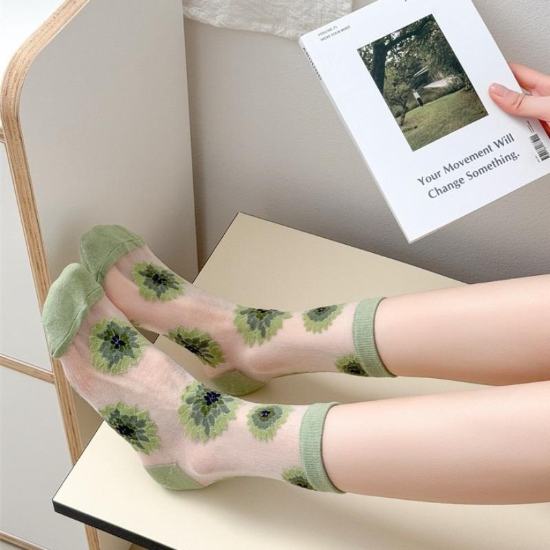 Crystal Silk Socks Women Summer Ultra-thin Transparent Nylon Long Socks Floral Embroidery Japanese Kawaii Cute Mesh Lace Socks