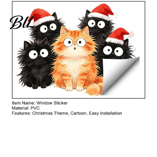 Gift for Cat Lovers Christmas Window Cling, Cartoon Cats Sticker with Santa Hat, Removable DIY Scene Decals PVC Static Glass Decal Holiday Bedroom