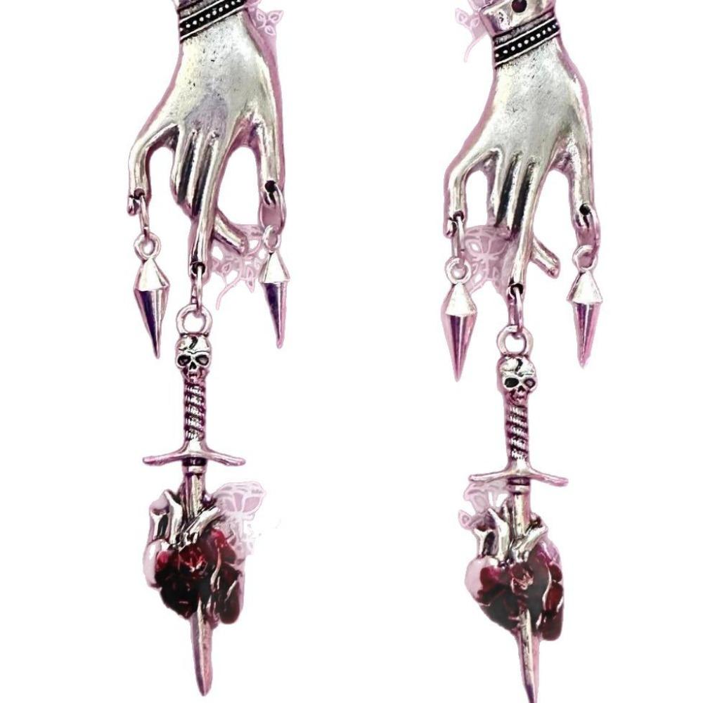 Gothic Sliver Color Hand Skull Sword Rivet Tassel Dangle Earrings for Women Halloween Party Demon Slayer Scary Jewelry Gifts