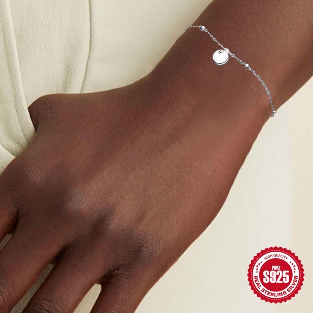 Stylish And Simple S925 Sterling Silver Spaced Round Bead Chain Hang Tag Chain Bracelet Women'S Exquisite Jewelry Couple Gift
