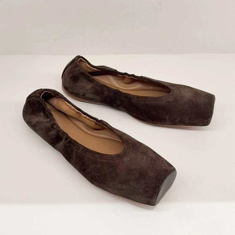 Sheepskin version~ Korean niche suede square head shallow mouth soft sole single shoes women's spring ballet flats
