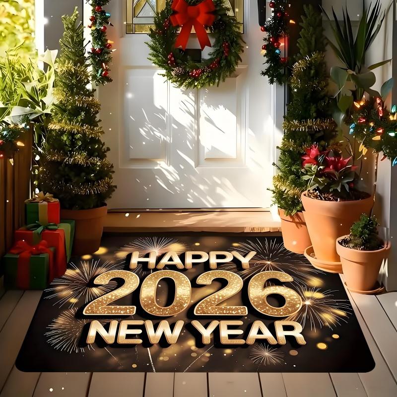 New Year Carpet Mat Rug Home Decoration Cartoon Dog Fireworks Pattern Festive Floor Mat Welcome Mat Door Mat Kitchen Rug