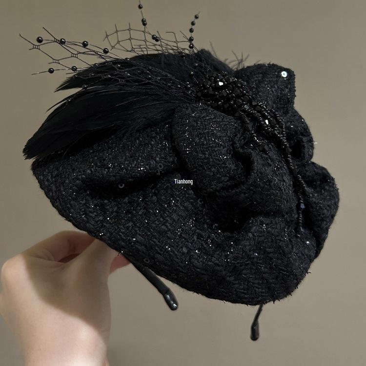 

Роскошный берет с перьями: Женский аксессуар для волос и резинка для волос, полушляпка, белая накидка для волос чёрный