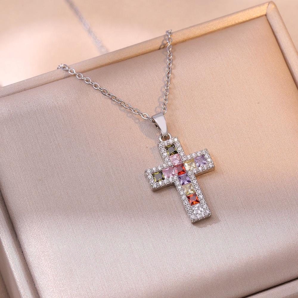 Luxury Female Black Rainbow Zircon Stone Cross Pendant Necklace Vintage Gold Color Wedding  For Women