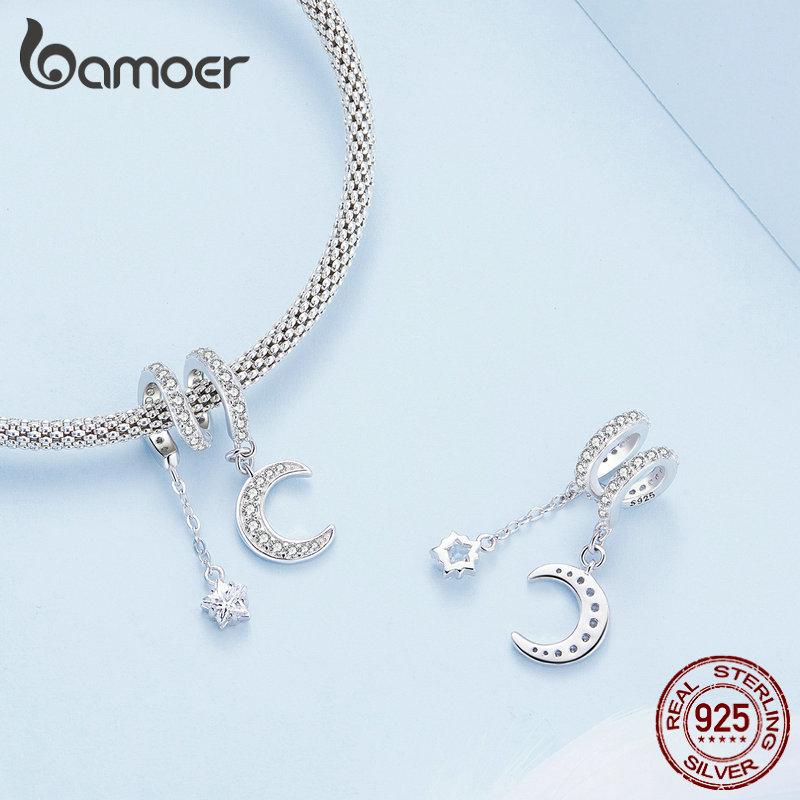 

BAMOER, стерлингового серебра 925 пробы, покачивающиеся бусины лунного света, луны и звезд, нерегулярные подвески для женщин, браслет, ювелирные украшения 925 silver