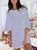 Women's Cotton Striped Mini Dress 3/4 Sleeve Loose Fit with Side Pockets