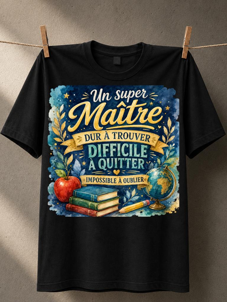 Un super Maitre watercolor teacher books apple globe gold ribbons French gratitude classroom style Unisex All T-Shirt