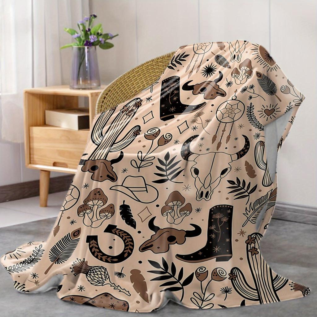 Western Elements Flannel Throw Blanket - Mid-Century Cowboy & Bull Skull Design with Cacti, Soft Polyester, All-Season Comfort