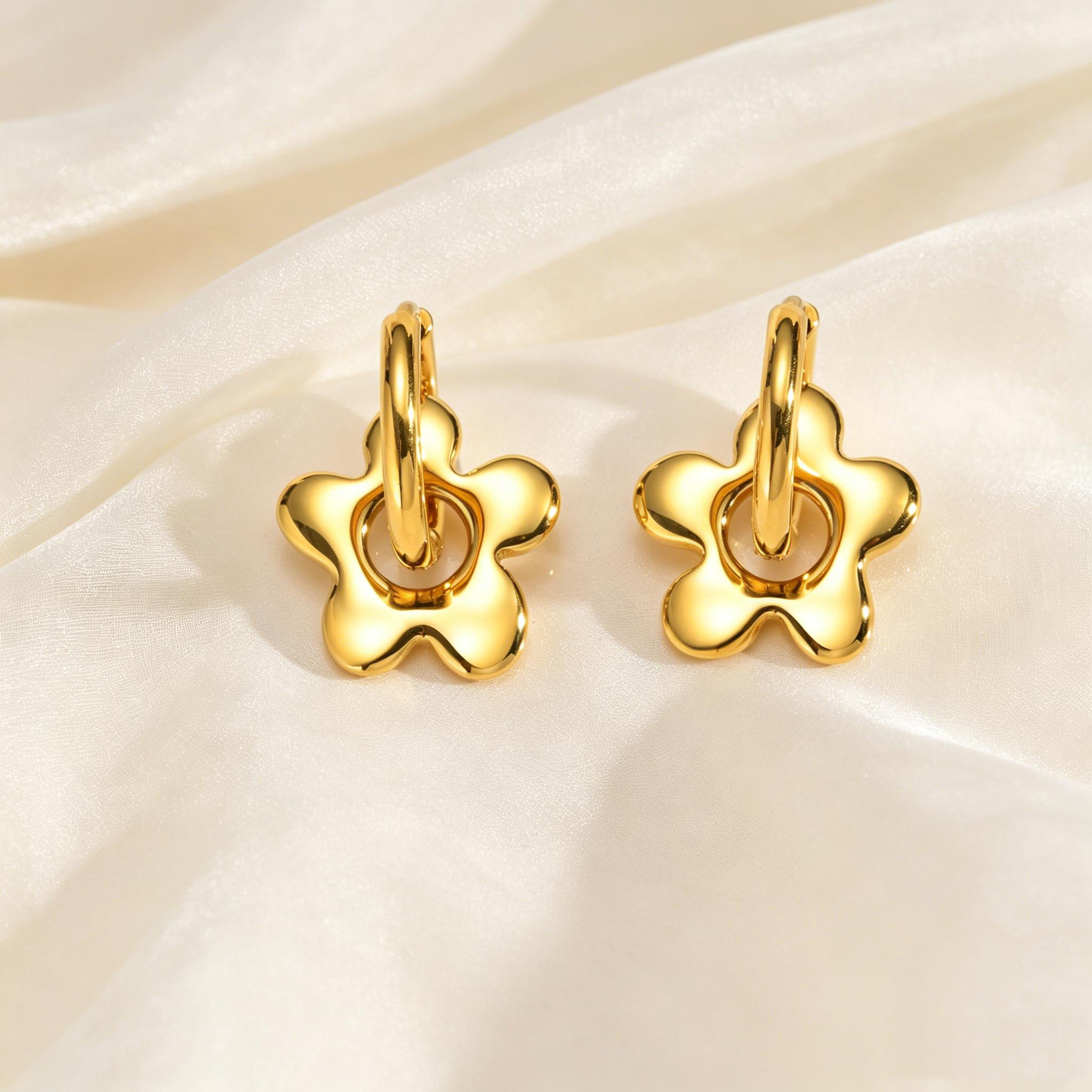 Stainless Steel Earrings for Women 18K Gold Plated Five Petal Flower Drop Dangle Earrings Minimalist Fashion Jewelry Gifts