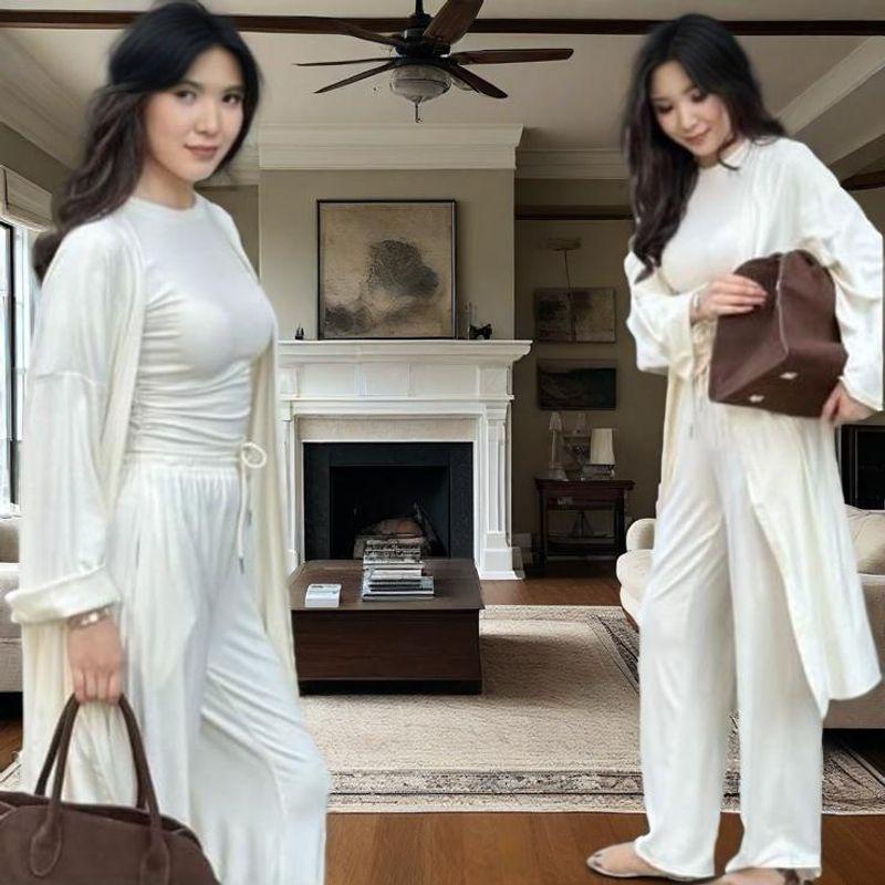 

Three-Piece Suit New Cross-Border European and American Foreign Trade Women clothes round Neck Long sleeve Wide Leg Pants Temperament Set White XXL