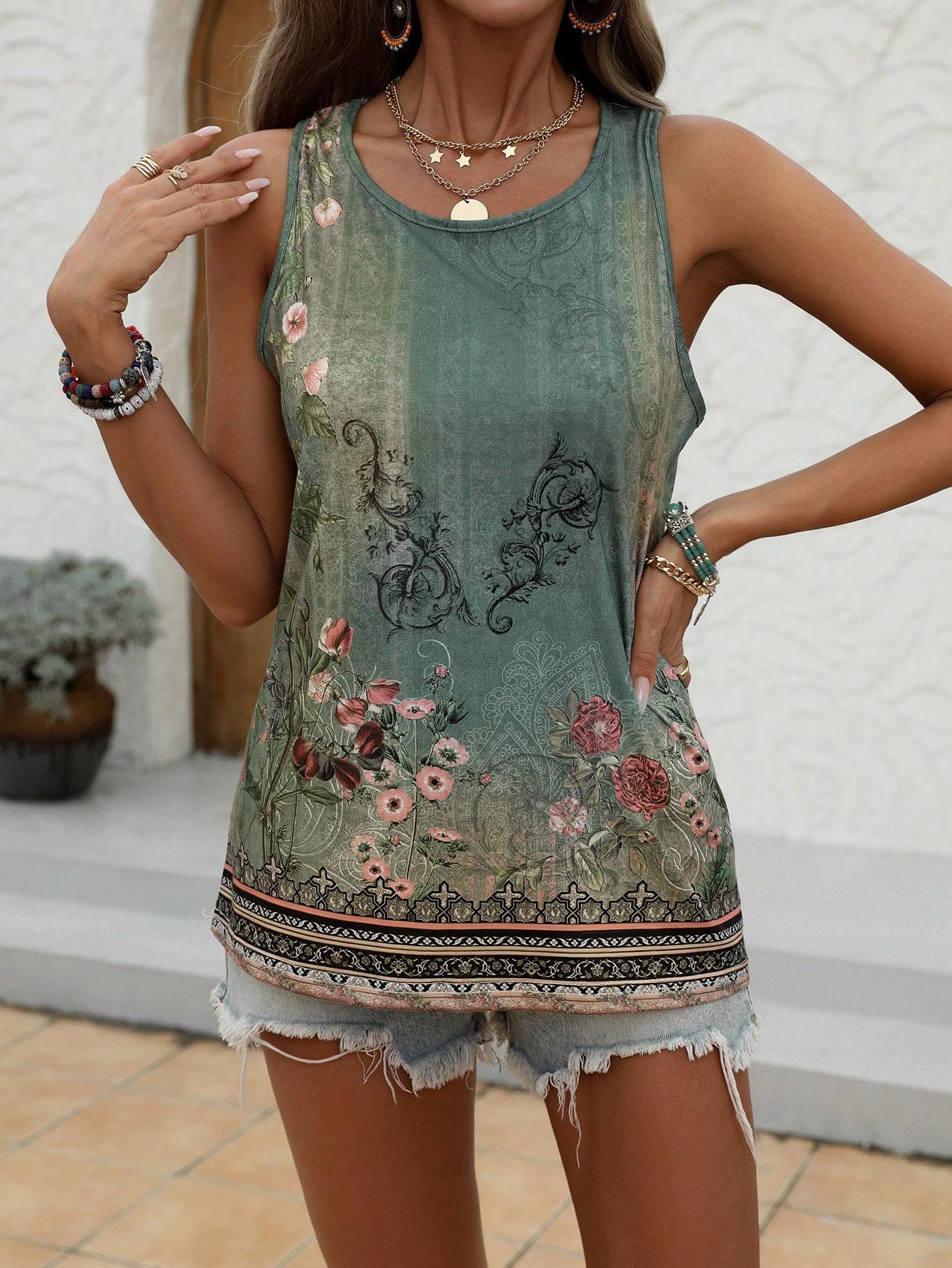 

Women s Retro Flower Print Casual Loose Vest Women s Western Ethnic Print Casual Sleeveless T-shirt XL