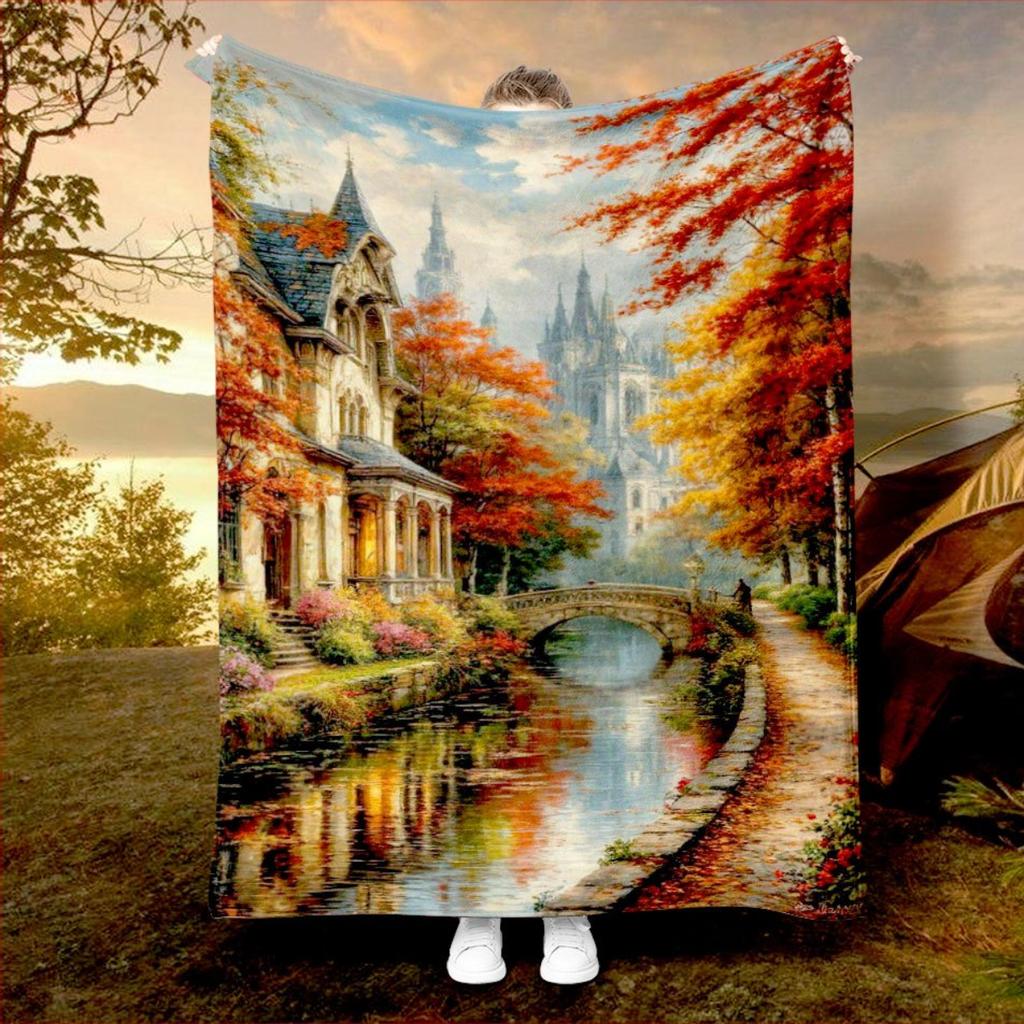 Autumn river landscape pattern flannel blanket - bed, sofa, office, travel, gift, decoration, chair, comfort and warmth, Christm